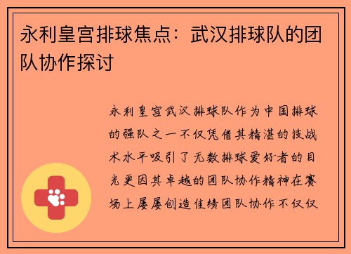 永利皇宫排球焦点：武汉排球队的团队协作探讨